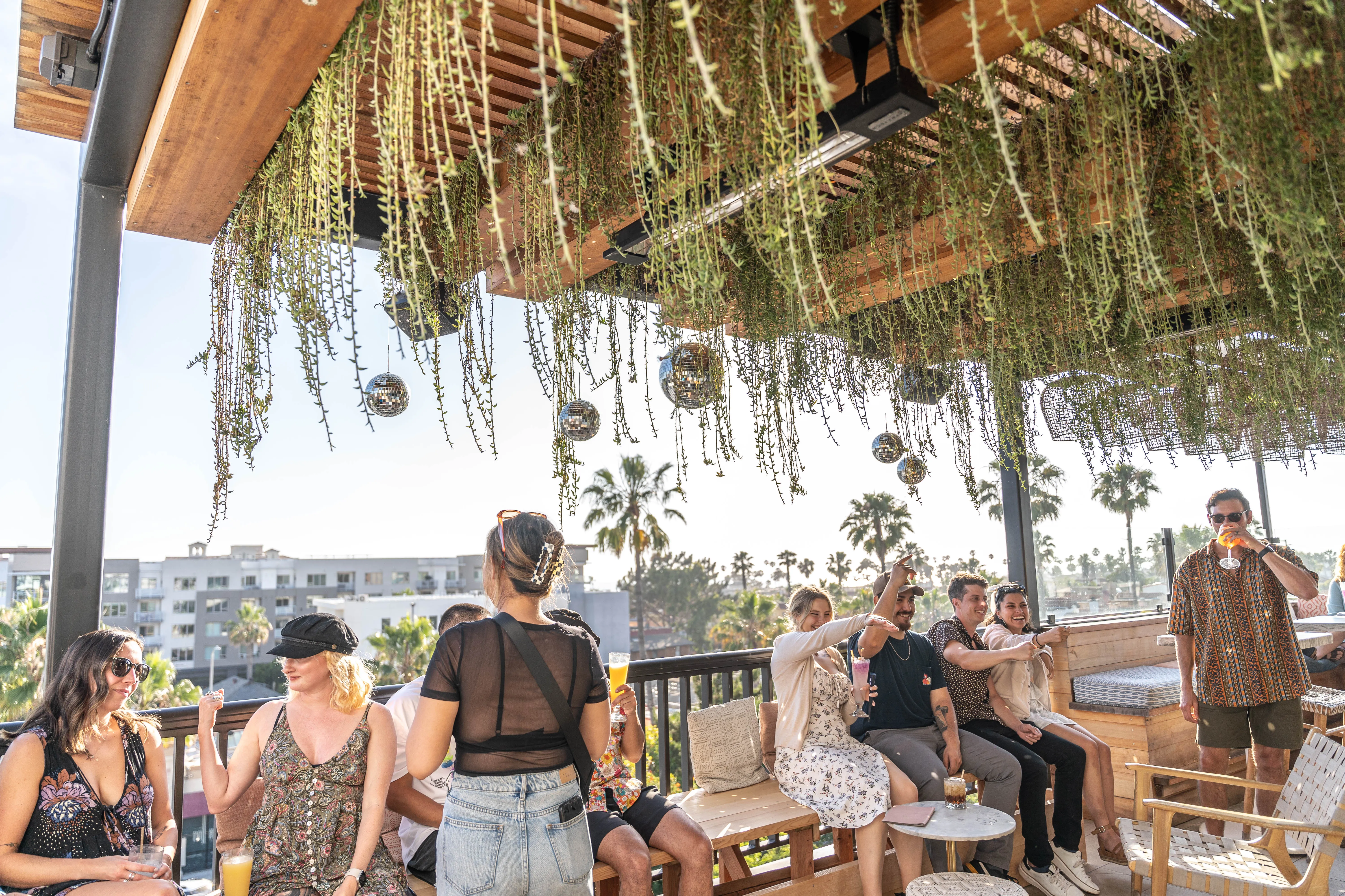 DJ facing the crowd at Coco Cabana rooftop — palms, open sky, packed venue