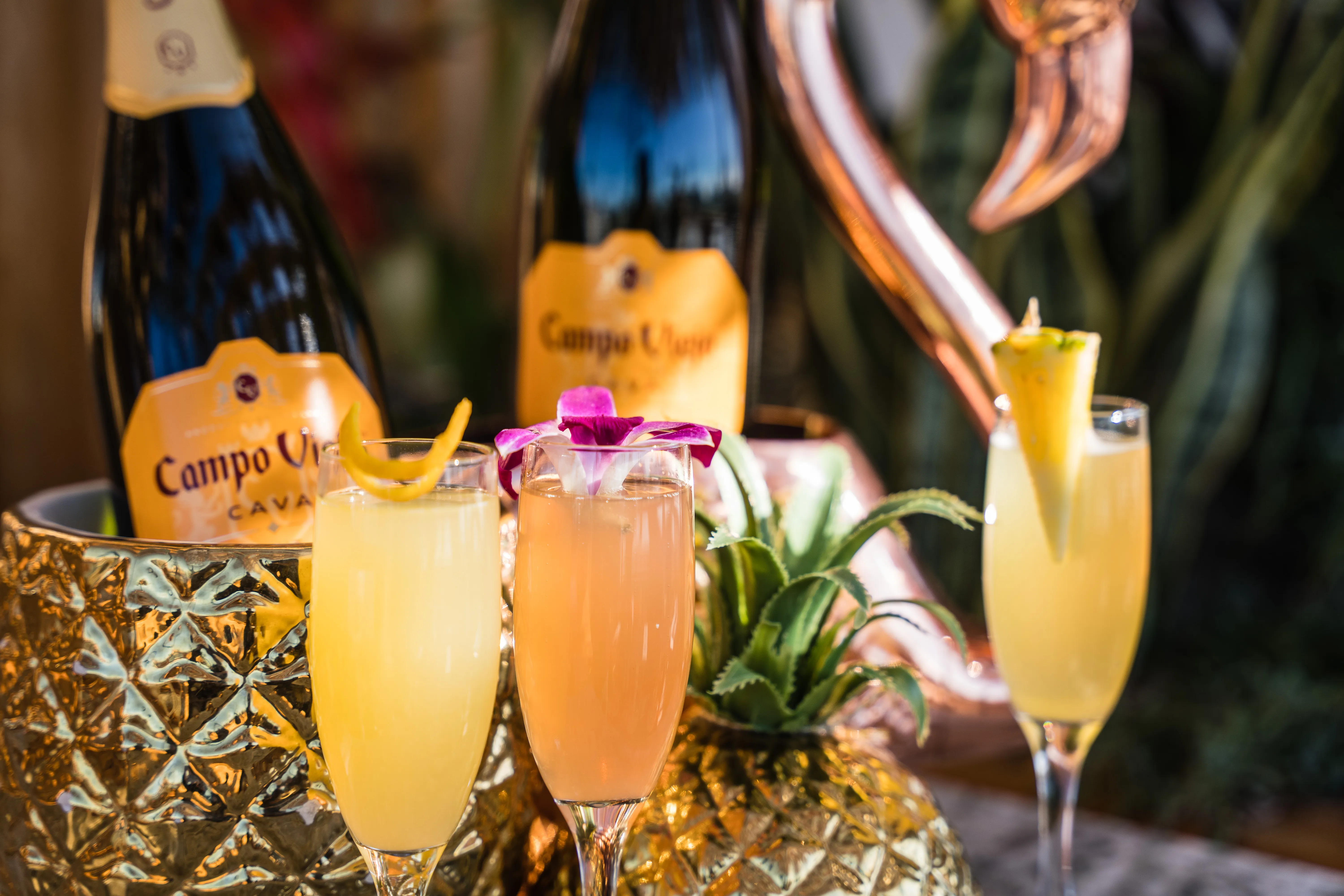 Three Campo Viejo cava mimosa flutes — classic, tropical and citrus varieties