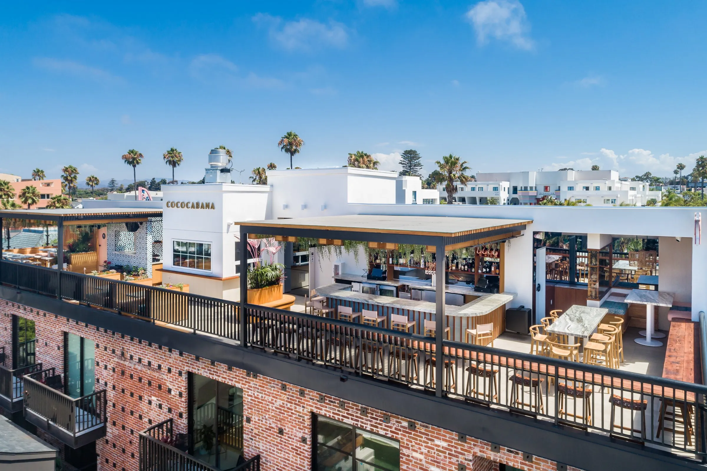 Cococabana rooftop bar aerial view over Downtown Oceanside, CA